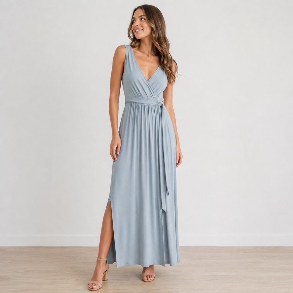 Lulus Dusty Mint Jersey Knit V-Neck Tie Waist Maxi Dress Size XS NWT